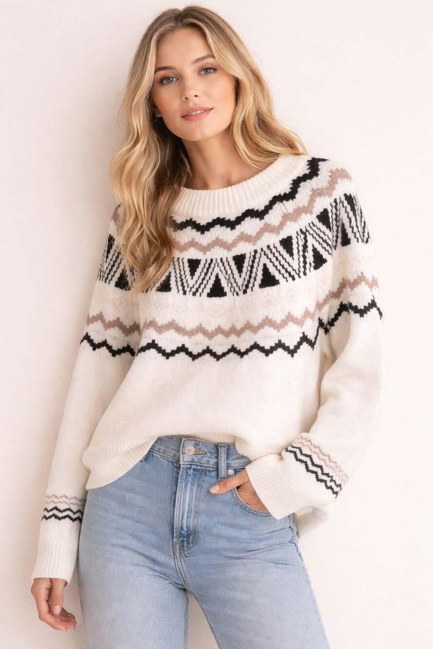 Z Supply Cozy Fair Isle Sweater | Cream Nordic Pattern | Size XL